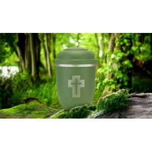 Biodegradable Cremation Ashes Funeral Urn / Casket - HIGHLAND GREEN with SILVER BLESSED CROSS